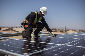 Man technician mounting photovoltaic solar moduls. Cropped view of builder in helmet installing solar panel system. Concept of alternative, renewable energy, Generative AI