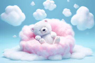 Lindo oso de peluche durmiendo en una nube rosa sobre fondo de cielo azul. Illustracion de IA generativa - obrazy, fototapety, plakaty