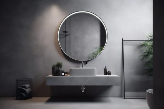 bathroom gray design faucet interior home sink luxury mirror room concrete. Generative AI.