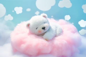 Lindo oso de peluche durmiendo en una nube rosa sobre fondo de cielo azul. Ilustración de IA generativa  - obrazy, fototapety, plakaty