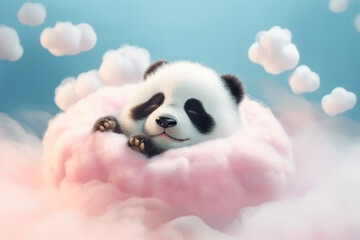 Lindo oso panda de peluche de dibujos animados, durmiendo en una nube rosa sobre fondo de cielo azul. Concepto celebraciones, baby shower, bautizo, comunión, nacimiento, cumpleaños - obrazy, fototapety, plakaty