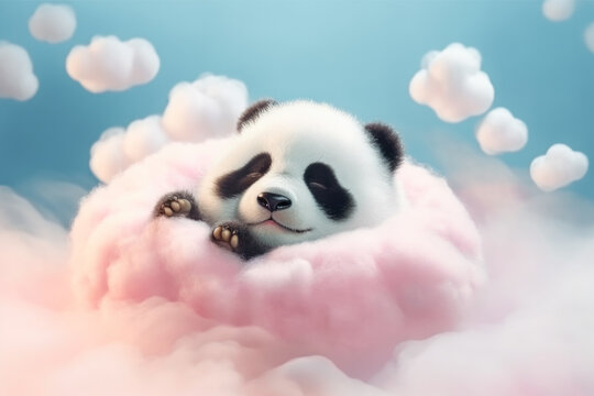 Lindo oso panda de peluche de dibujos animados, durmiendo en una nube rosa sobre fondo de cielo azul. Concepto celebraciones, baby shower, bautizo, comunión, nacimiento, cumpleaños