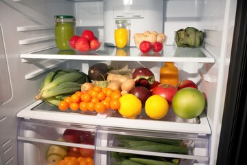 Fototapeta na wymiar open fridge with fruits, ai generative