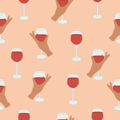 Seamless pattern with female hand holding glass of wine. Cocktail, fresh beverage, juice background. Hand drawn cartoon style.