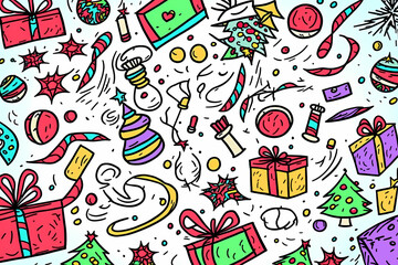Christmas background in doodle style. A set of different Christmas items and decorations. An illustration created with generative AI technology.