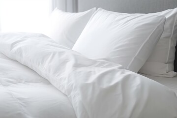 bed with white pillows in hotel, ai generative	