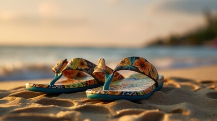 Colorful flip-flops in the sand of a beach, close-up. Summer holiday illustration concept. Generative AI. - obrazy, fototapety, plakaty