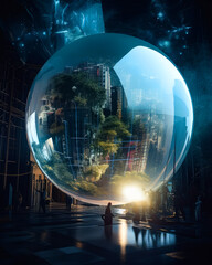 Mystic interior with a huge glass globe in the middle. Metropolis with multistoried building reflecting in the glass ball. Generative AI.