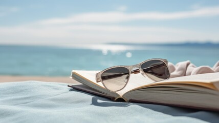 Still life illustration of summer accessories at the beach. Sunglasses, book, towel, in the sand. Summer concept. Generative AI. - obrazy, fototapety, plakaty