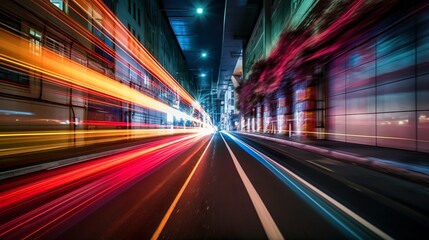 Abstract long exposure dynamic speed light trails in an urban environment made with Ai generative technology