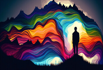 Fototapeta premium Harmonizing mind, body, and soul: a journey of well-being through psychic waves. Wave of emotions and feelings. with an unrecognizable person in a colored frame. Ai generated. 