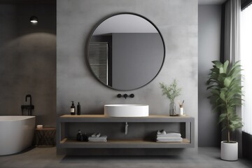render bathroom sink interior room home mirror concrete design luxury gray. Generative AI.