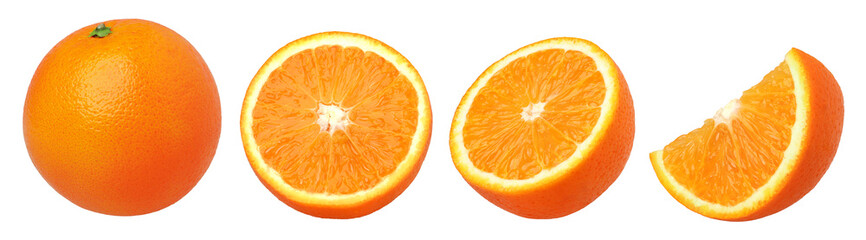 Orange fruit half and slices isolated, Orange fruit macro studio photo, transparent png, collection, PNG format, cut out
