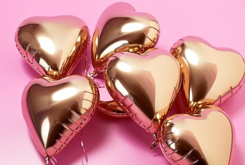 gold heart-shaped foil balloons on pink background, generative ai