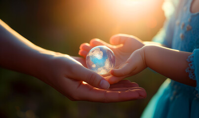Baby hands passing the glass globe to adult's hands. Bright sunlight at backdrop. Close up. Generative AI.