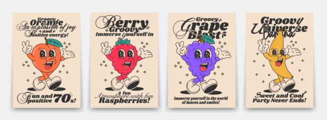 Foto op Plexiglas Motiverende quotes Collection of bright groovy posters 70s. Retro poster with funny cartoon walking characters in the form of fruits and poisons, orange, grape, raspberry and banana. Vintage prints, isolated