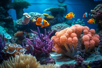 Obraz na płótnie Canvas Tropical sea underwater fishes on coral reef. Aquarium oceanarium wildlife colorful marine panorama landscape nature snorkeling diving