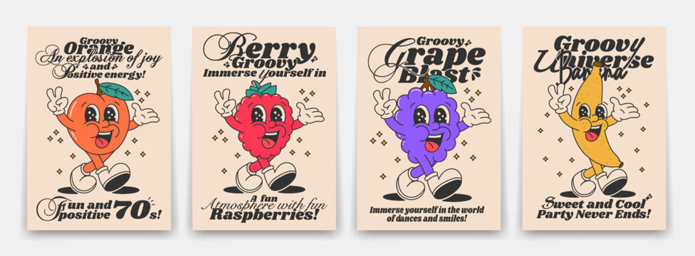 Collection of bright groovy posters 70s. Retro poster with funny cartoon walking characters in the form of fruits and poisons, orange, grape, raspberry and banana. Vintage prints, isolated