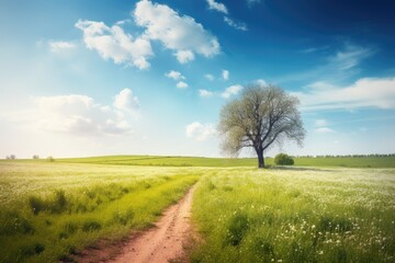 Obraz premium Beautiful summer landscape. A big tree in a green grass field, blue sky. Nature background.