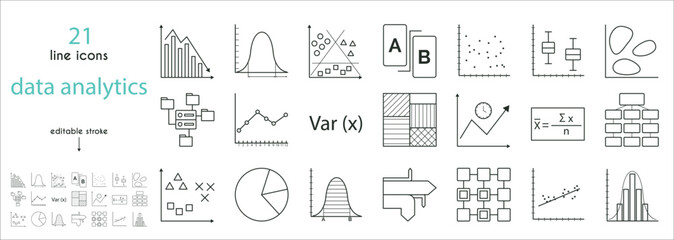 A set of data analytics icons. Linear regression, distribution density, heat map, testing, time series, correlation coefficient, classification, regression analysis, linked data, clustering, trends, f