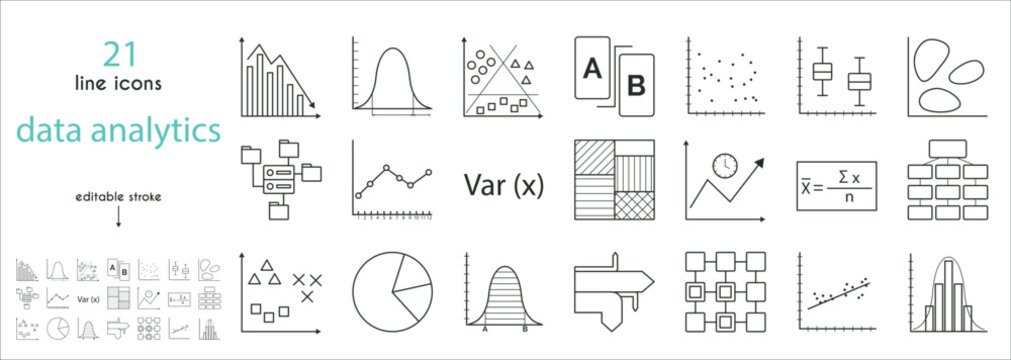 A Set Of Data Analytics Icons. Linear Regression, Distribution Density, Heat Map, Testing, Time Series, Correlation Coefficient, Classification, Regression Analysis, Linked Data, Clustering, Trends, F