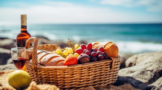 Picnic basket with a bottle of red wine, bread and fruits at the beach. Generative AI illustration.