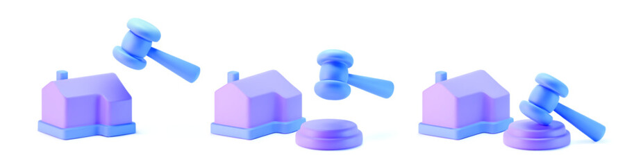3d purple house with judge gavel icon isolated on light background. Render concept of real estate auction, real estate arbitrage law and house auction. 3d cartoon simple vector illustration