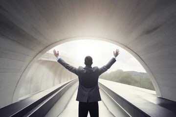 Successful businessman raising hand and expressing positivity while standing over the bridge