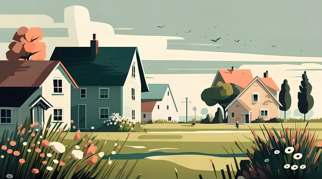A painting of houses in a rural setting.
