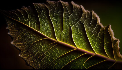 A leaf that has a green leaf with gold highlights.
