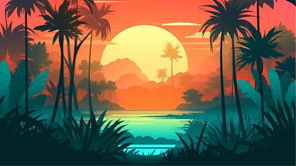 Tropical beach with palm trees, sunrise and sunset sky. Romantic background. - obrazy, fototapety, plakaty