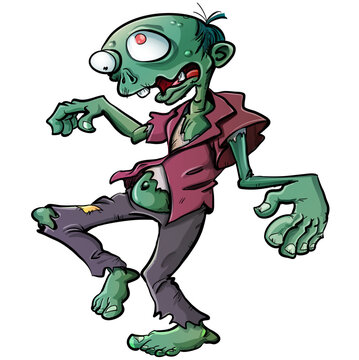 Cartoon zombie that is staggering about. He has huge eyes