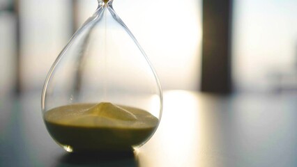 hourglass on table, sand flowing through the bulb of sandglass, time is money concept, times passing concept like work or business deadline, resemble urgency running out of occasion in life