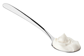 sour cream in spoon, mayonnaise, yogurt, isolated on white background, full depth of field