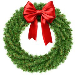 christmas wreath, red ribbon bow, isolated on white background © grey