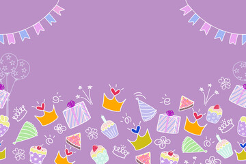 Happy Birthday cake party invitation background banner doodle vector illustration seamless. Celebration with cake balloons hat snack garland decoration. Copy space. Freehand drawing. For kid party.