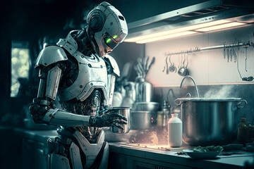 A fantastic cybernetic android robot cooks food in the kitchen. An illustration created with generative AI technology.