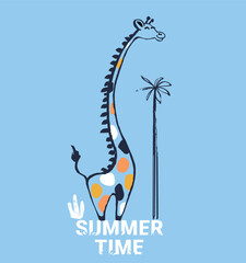Long neck giraffe cool summer t-shirt print. African animal with slogan. Summer time.