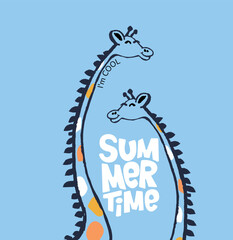 Giraffe friends cool summer t-shirt print. African animal with slogan. Summer time.