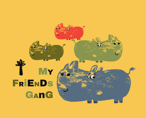 Rhinoceros friends gang cool summer t-shirt print. African animal with slogan