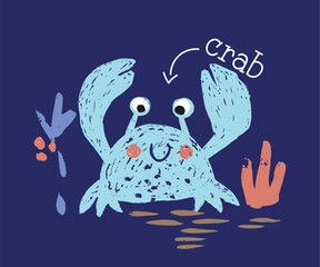 Crab cool summer t-shirt print. African animal with slogan. Roar Safari time. Sea beach funny child wear i - 601406683
