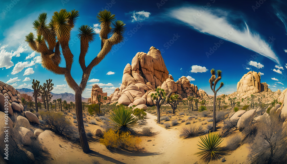 Poster a landscape with a desert scene and a tree in the foreground.