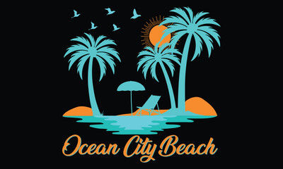 Ocean City Beach, Beach Paradise Print T-shirt Graphics Design, typography slogan on palm trees background for summer fashion