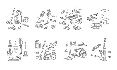Set of vacuum cleaners line icons vector illustrations. Nozzle Set with Suction Brushes. Different vacuum cleaners tools
