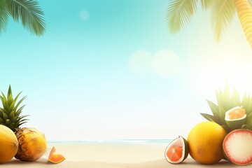 Realistic Summer Background Vibrant Tropical Theme with Ocean View and Palm Trees, Created with Generative AI