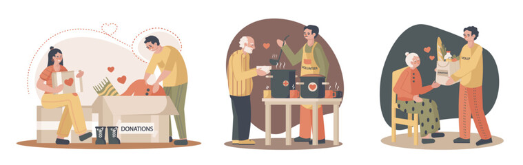 Work of volunteers. Set of illustrations about voluntary help to people