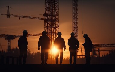 Fototapeta na wymiar silhouette of builders at a construction site at sunset, Engineers work. Generative AI