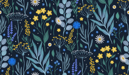 Naklejka na ściany i meble Floral seamless pattern with yellow flowers, green leaves and plants. Watercolor summer meadow flowers on dark background.