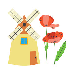 Mill, poppy flowers. Ukrainian symbols.