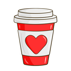 A cup with a red heart on the label. Cartoon. Valentine's day. Vector illustration. Isolated on white background